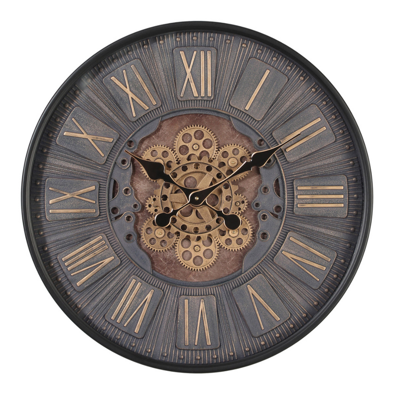 60cm black industrial round wall clock with exposed gold moving cogs and Roman numeral display