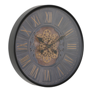 60cm black industrial round wall clock with exposed gold moving cogs and Roman numeral display