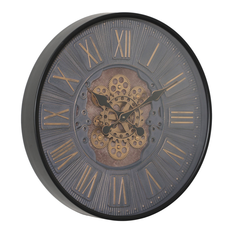 60cm black industrial round wall clock with exposed gold moving cogs and Roman numeral display
