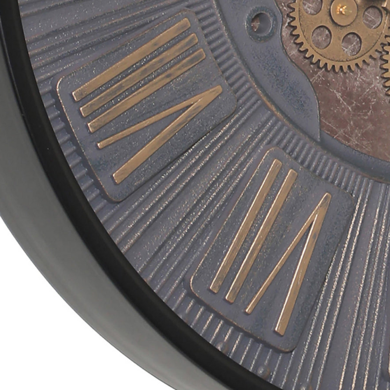 60cm black industrial round wall clock with exposed gold moving cogs and Roman numeral display