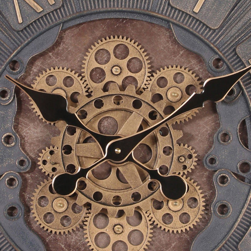 60cm black industrial round wall clock with exposed gold moving cogs and Roman numeral display