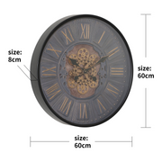 60cm black industrial round wall clock with exposed gold moving cogs and Roman numeral display