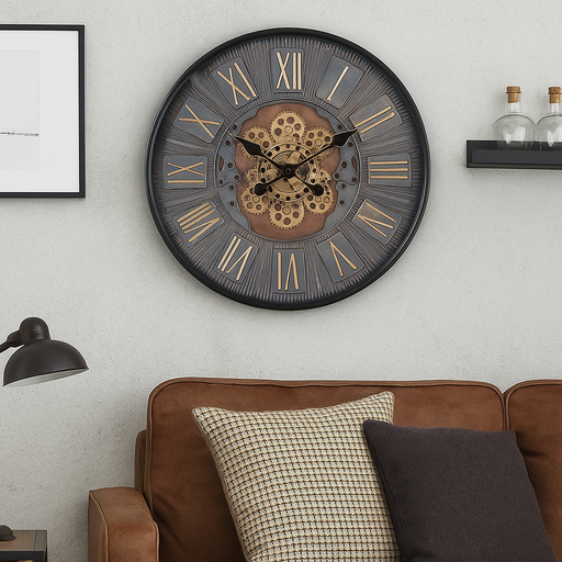 60cm black industrial round wall clock with exposed gold moving cogs and Roman numeral display