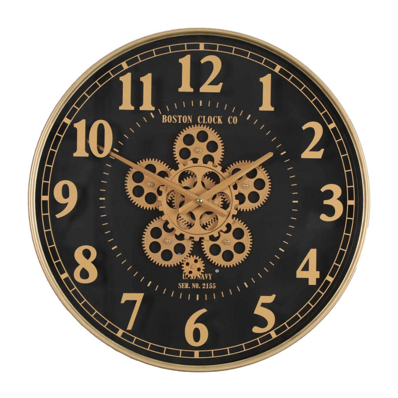 50cm round gold and black wall clock with US Navy design and real moving cogs in vintage-industrial style
