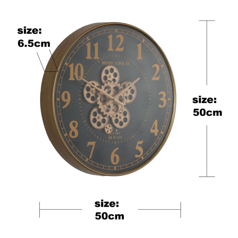 50cm round gold and black wall clock with US Navy design and real moving cogs in vintage-industrial style