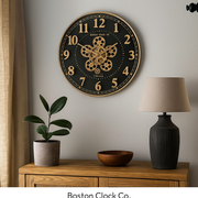 50cm round gold and black wall clock with US Navy design and real moving cogs in vintage-industrial style
