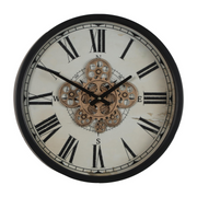 46cm round wall clock with compass design, black frame, natural wood accents, and real moving cogs