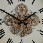 46cm round wall clock with compass design, black frame, natural wood accents, and real moving cogs