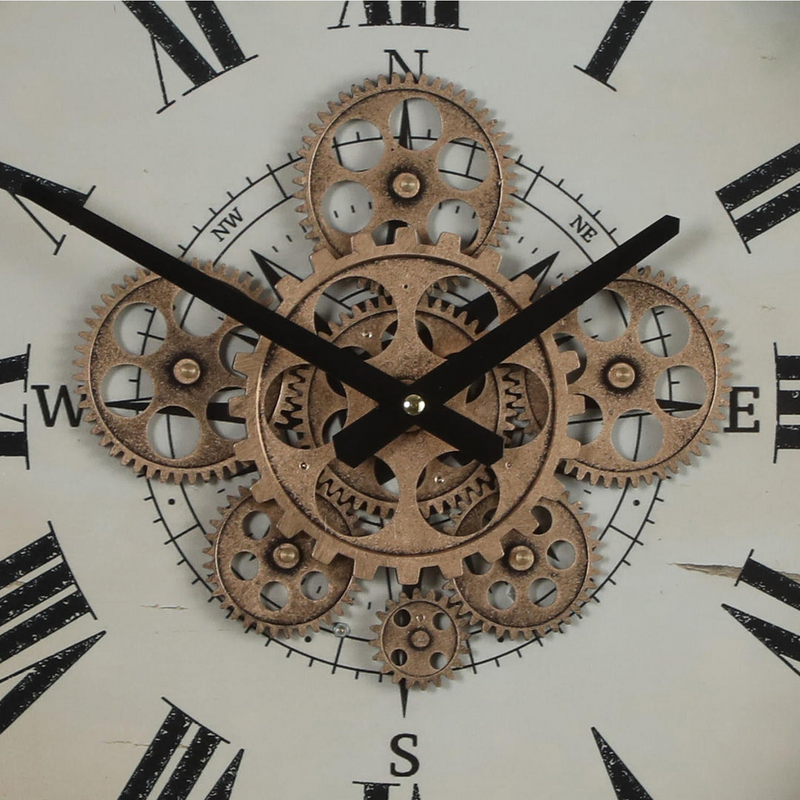 46cm round wall clock with compass design, black frame, natural wood accents, and real moving cogs