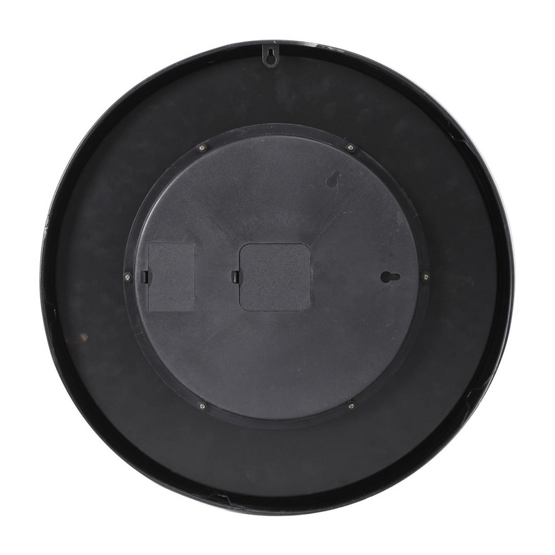 46cm round wall clock with compass design, black frame, natural wood accents, and real moving cogs