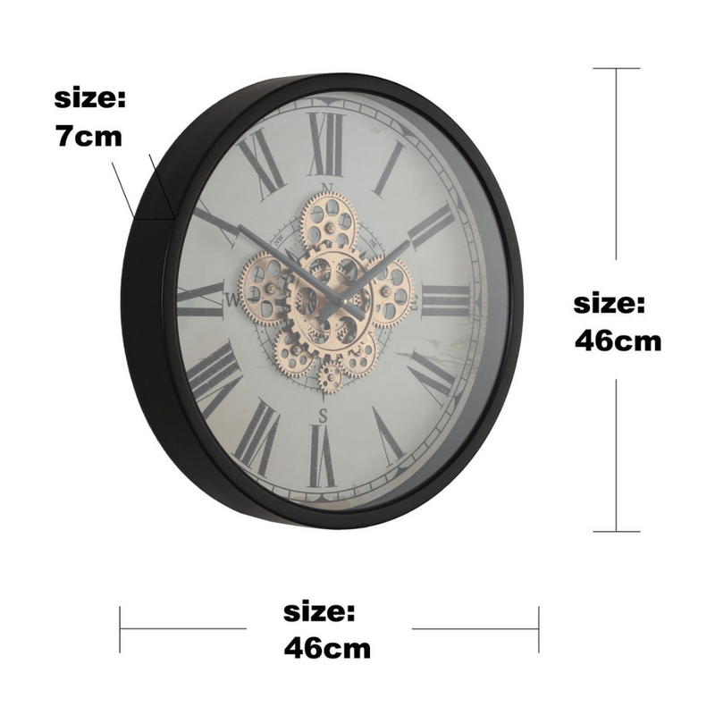 46cm round wall clock with compass design, black frame, natural wood accents, and real moving cogs