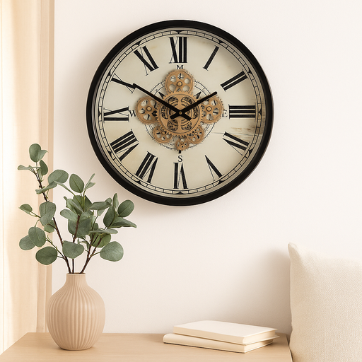 46cm round wall clock with compass design, black frame, natural wood accents, and real moving cogs