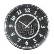 54cm round silver and black wall clock with real moving cogs and Roman numerals in modern industrial style