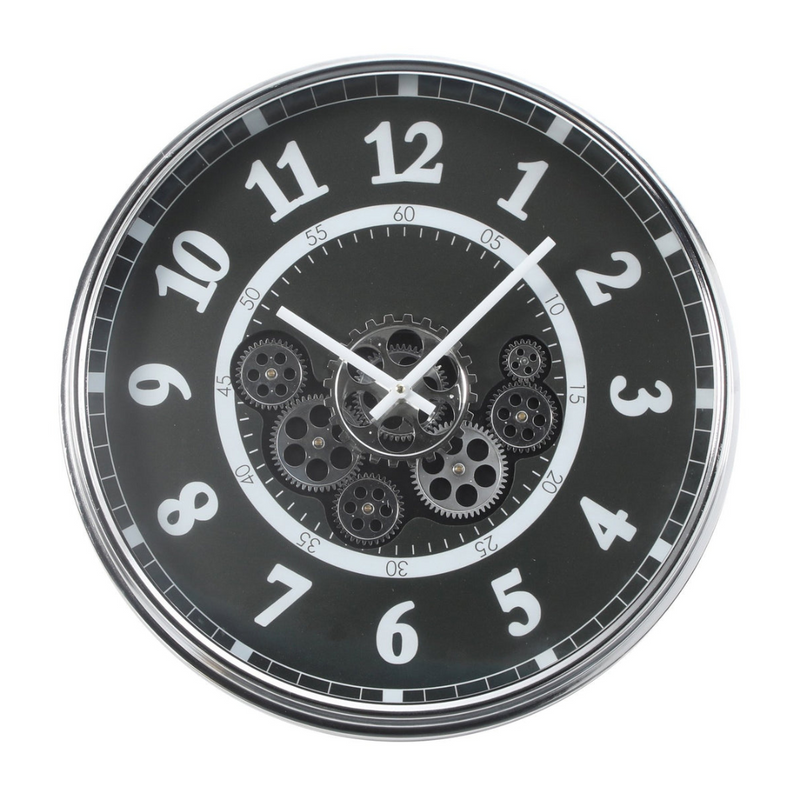54cm round silver and black wall clock with real moving cogs and Roman numerals in modern industrial style
