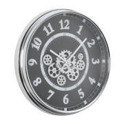 54cm round silver and black wall clock with real moving cogs and Roman numerals in modern industrial style
