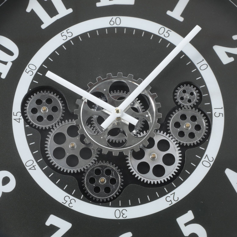 54cm round silver and black wall clock with real moving cogs and Roman numerals in modern industrial style