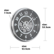 54cm round silver and black wall clock with real moving cogs and Roman numerals in modern industrial style