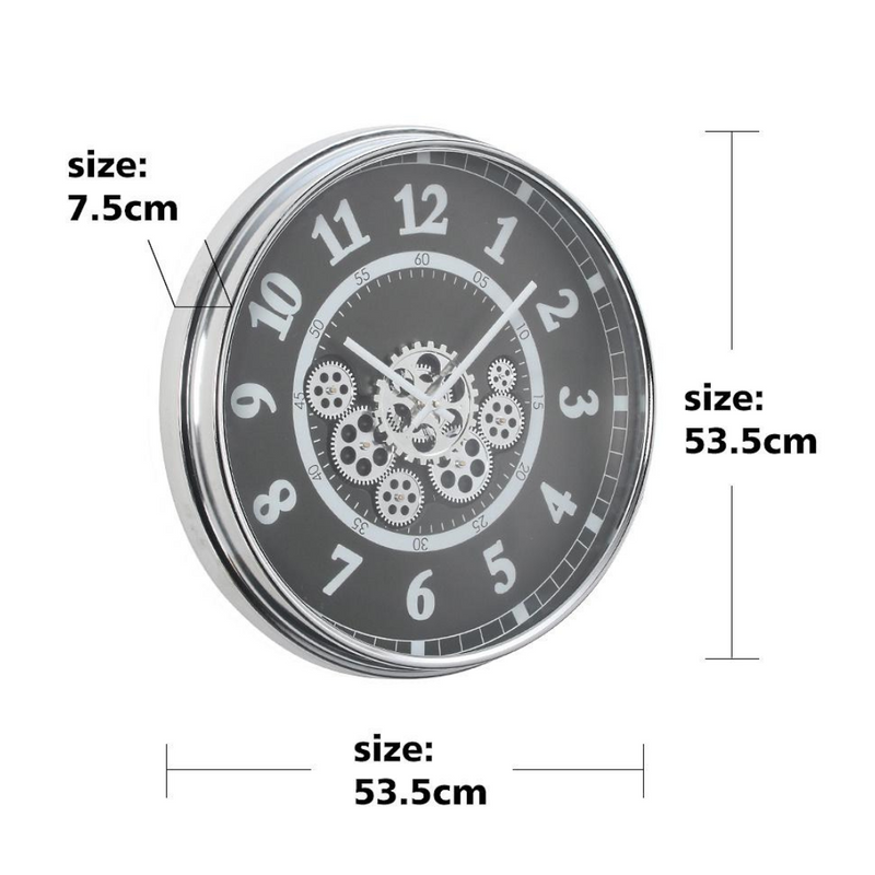 54cm round silver and black wall clock with real moving cogs and Roman numerals in modern industrial style