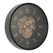 46cm round black wall clock with exposed moving cogs and Roman numeral design