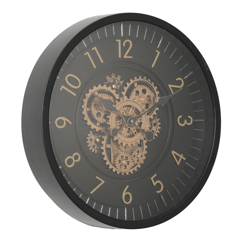 46cm round black wall clock with exposed moving cogs and Roman numeral design