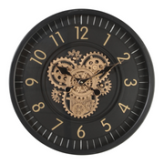 46cm round black wall clock with exposed moving cogs and Roman numeral design