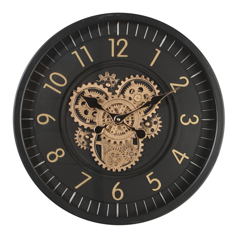 46cm round black wall clock with exposed moving cogs and Roman numeral design