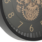 46cm round black wall clock with exposed moving cogs and Roman numeral design