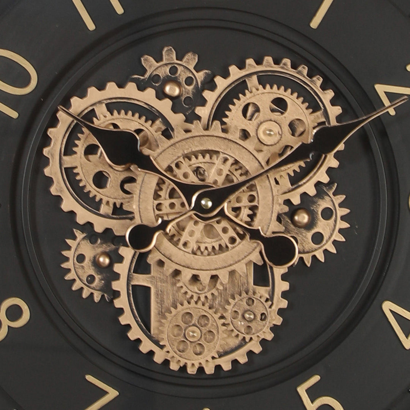 46cm round black wall clock with exposed moving cogs and Roman numeral design