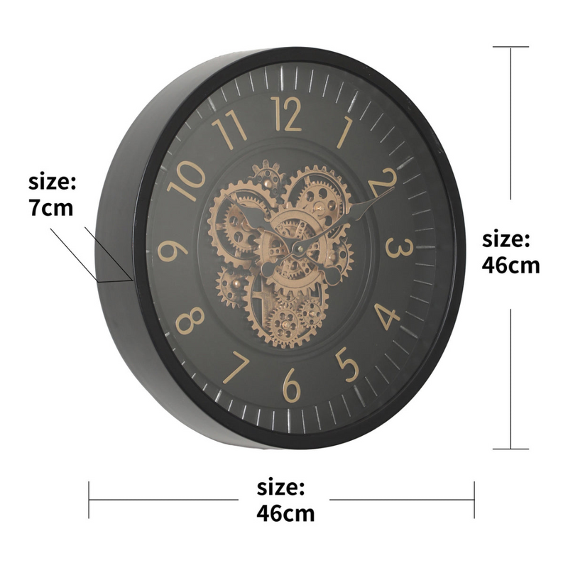 46cm round black wall clock with exposed moving cogs and Roman numeral design