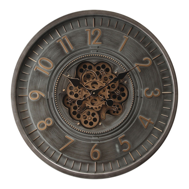 66cm charcoal round wall clock with exposed moving cogs and large Roman numeral design