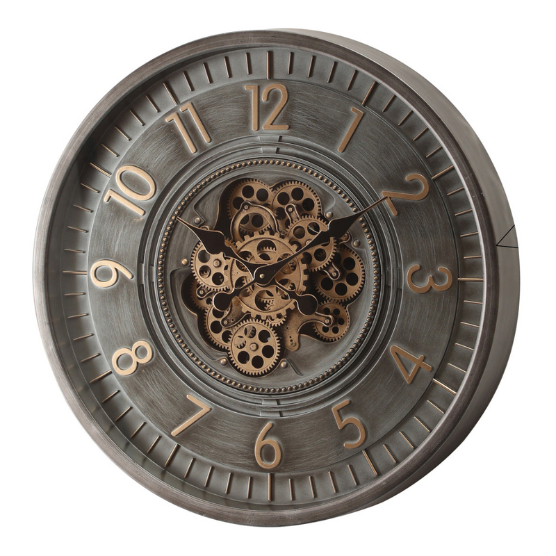 66cm charcoal round wall clock with exposed moving cogs and large Roman numeral design