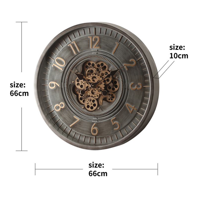 66cm charcoal round wall clock with exposed moving cogs and large Roman numeral design