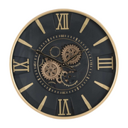 60cm round wall clock with gold frame, black face, and real moving cogs in modern industrial style