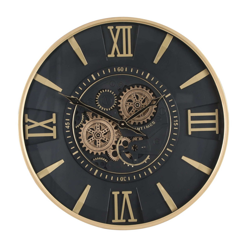 60cm round wall clock with gold frame, black face, and real moving cogs in modern industrial style