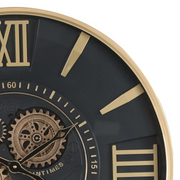60cm round wall clock with gold frame, black face, and real moving cogs in modern industrial style