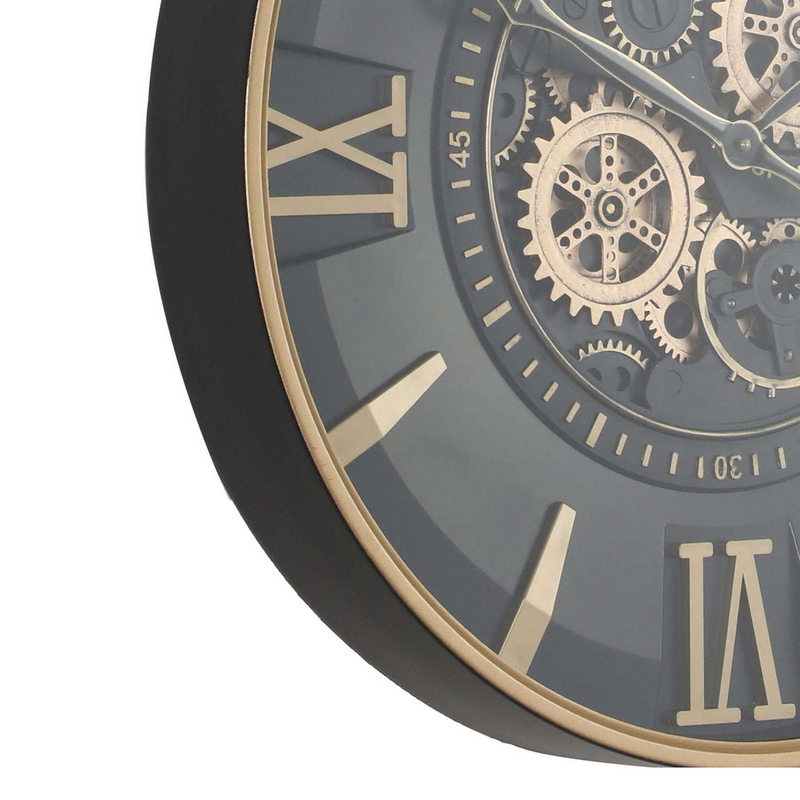 60cm round wall clock with gold frame, black face, and real moving cogs in modern industrial style