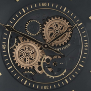 60cm round wall clock with gold frame, black face, and real moving cogs in modern industrial style