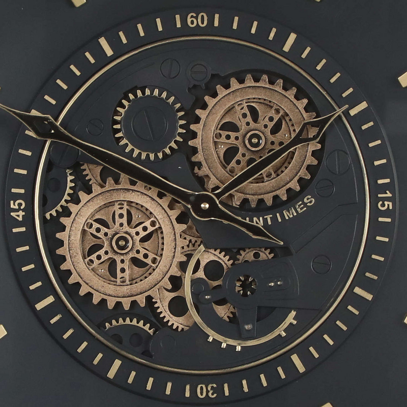 60cm round wall clock with gold frame, black face, and real moving cogs in modern industrial style