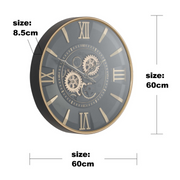 60cm round wall clock with gold frame, black face, and real moving cogs in modern industrial style