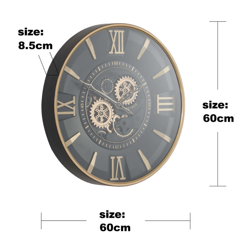 60cm round wall clock with gold frame, black face, and real moving cogs in modern industrial style