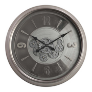 62cm round silver wash wall clock with industrial exposed gears and Roman numerals