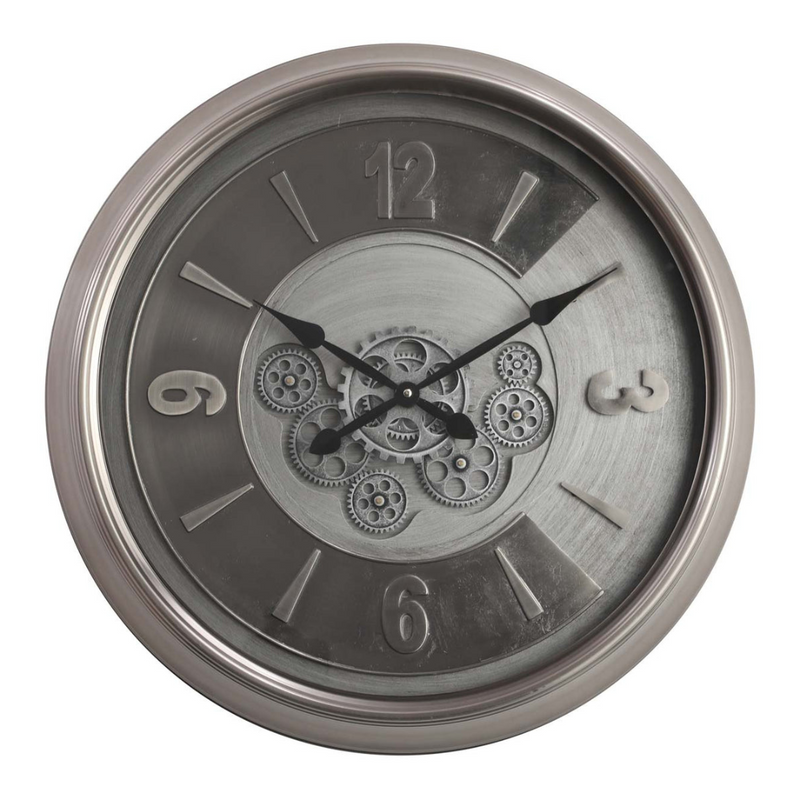 62cm round silver wash wall clock with industrial exposed gears and Roman numerals