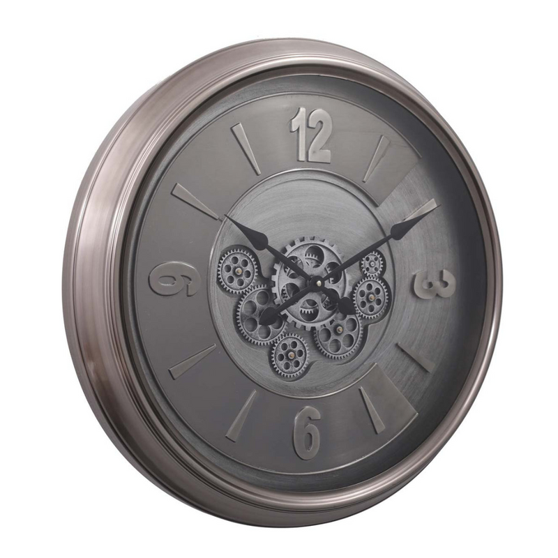 62cm round silver wash wall clock with industrial exposed gears and Roman numerals