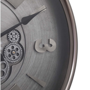 62cm round silver wash wall clock with industrial exposed gears and Roman numerals