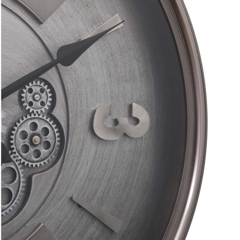 62cm round silver wash wall clock with industrial exposed gears and Roman numerals