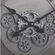 62cm round silver wash wall clock with industrial exposed gears and Roman numerals