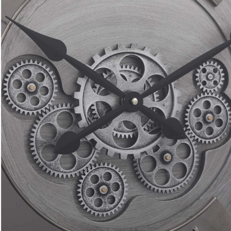 62cm round silver wash wall clock with industrial exposed gears and Roman numerals