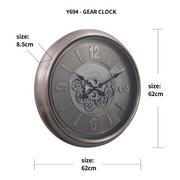 62cm round silver wash wall clock with industrial exposed gears and Roman numerals