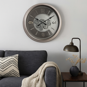 62cm round silver wash wall clock with industrial exposed gears and Roman numerals