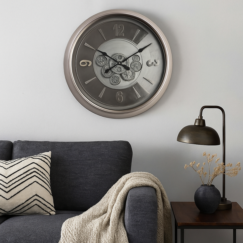 62cm round silver wash wall clock with industrial exposed gears and Roman numerals